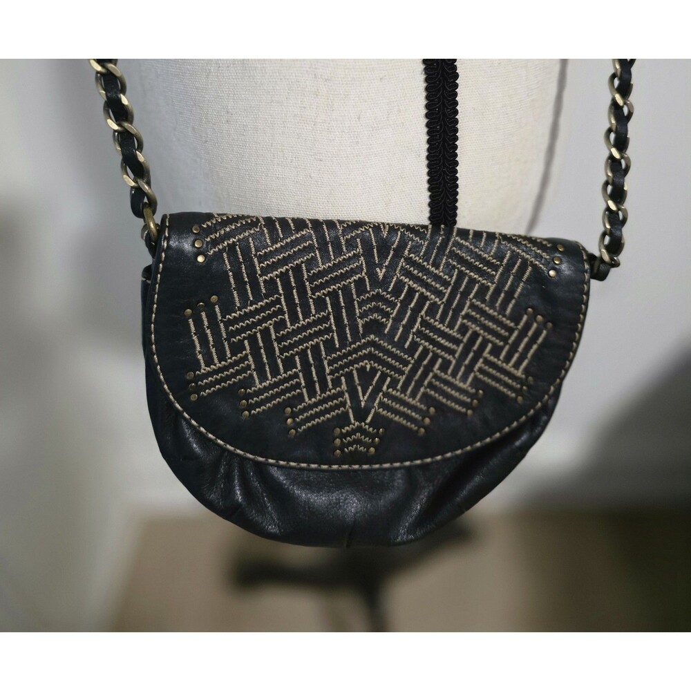 Rare HOBO International Black LEATHER Saddle Stud Geometric Detail CROSSBODY EuC